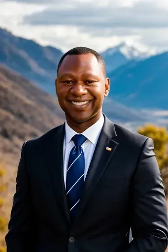 A man in a suit and tie is smiling in front of a mountain.