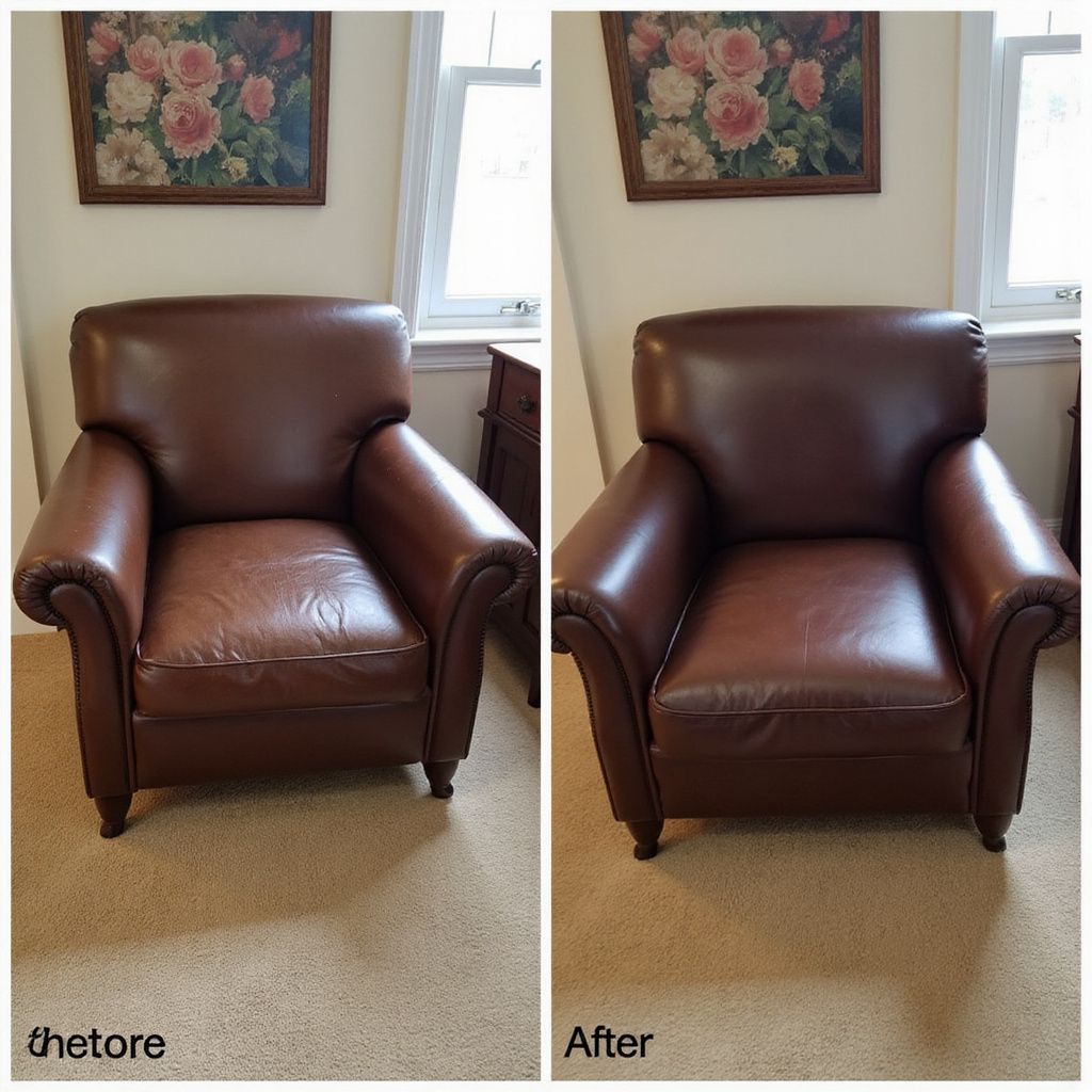 Brown leather armchair, before and after restoration, in a living room.