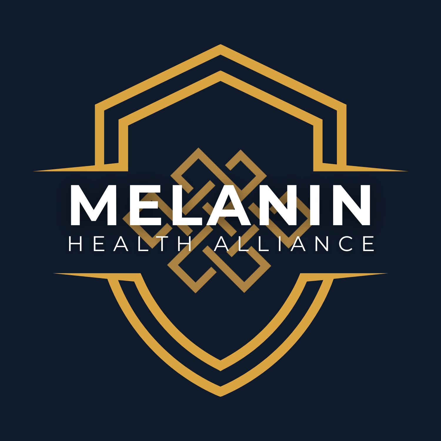 Logo of Melanin Health Alliance: shield shape with gold outline, text 