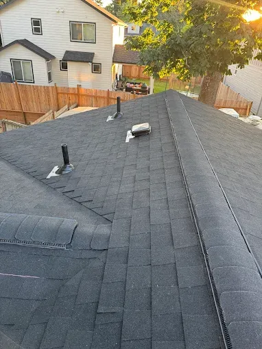 Dark shingled roof with pipes, building in background, sunny outdoor setting.