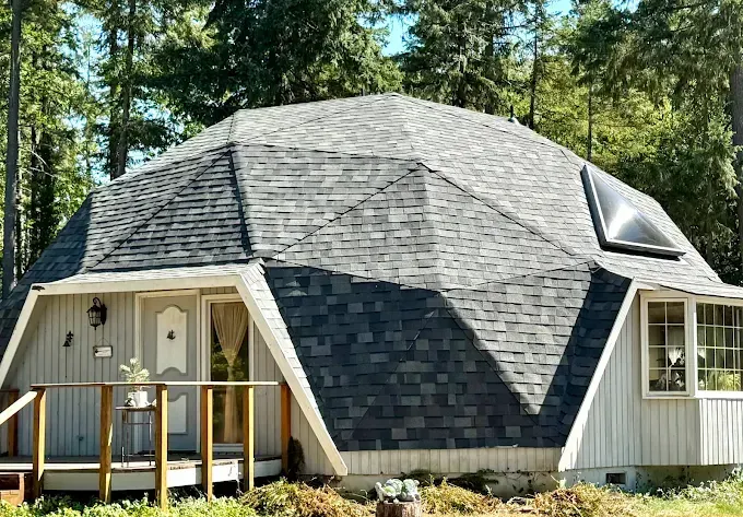Geodesic dome house with gray roof, white walls, and small porch, set in a wooded area.