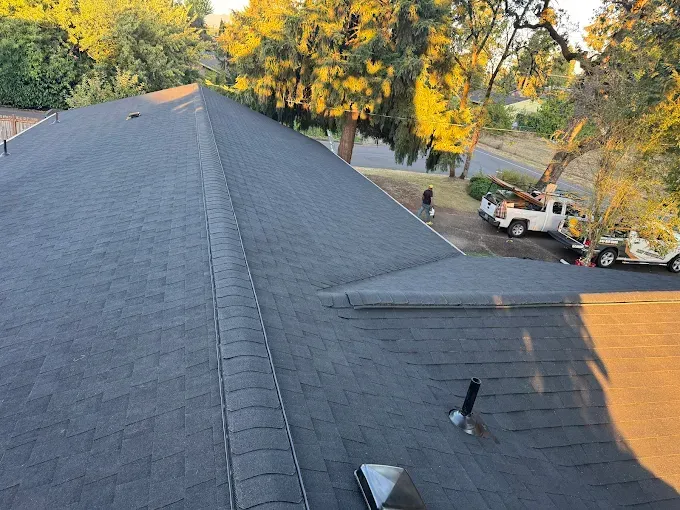 Black asphalt shingle roof on a house, with a tree and vehicles in the background.