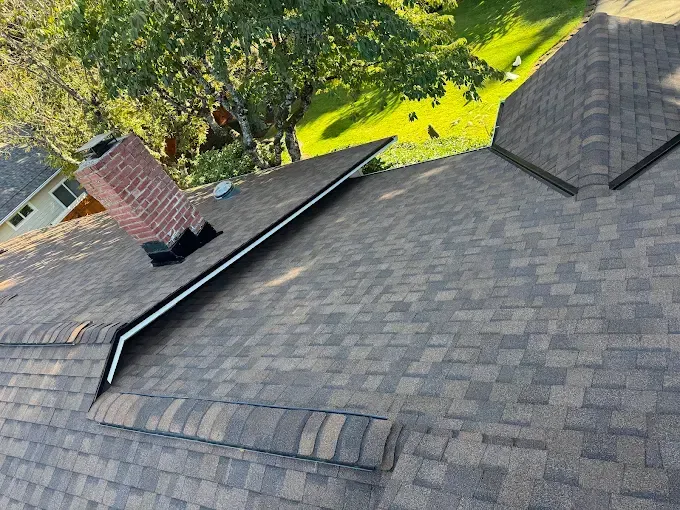 A brown shingled roof with a brick chimney and flashing, set against a green lawn and trees.