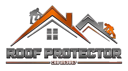 Logo: Orange and gray stylized house with roofers, "ROOF PROTECTOR" text, and a CBB license number.