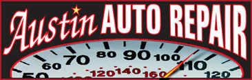 The logo for austin auto repair has a speedometer on it