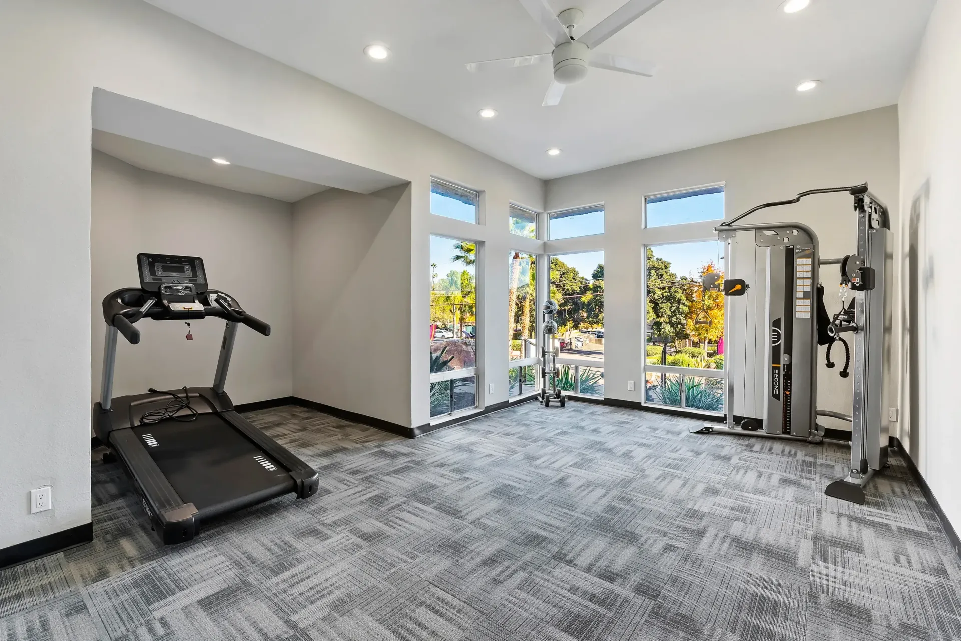 Interior view of a gym with exercise equipment and large windows.