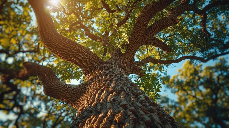 The sun is shining through the branches of a tree.