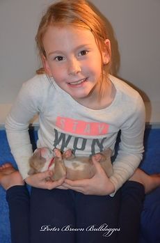 Girl smiles, holding a puppy on her lap. White shirt with text. Indoors, blue background.