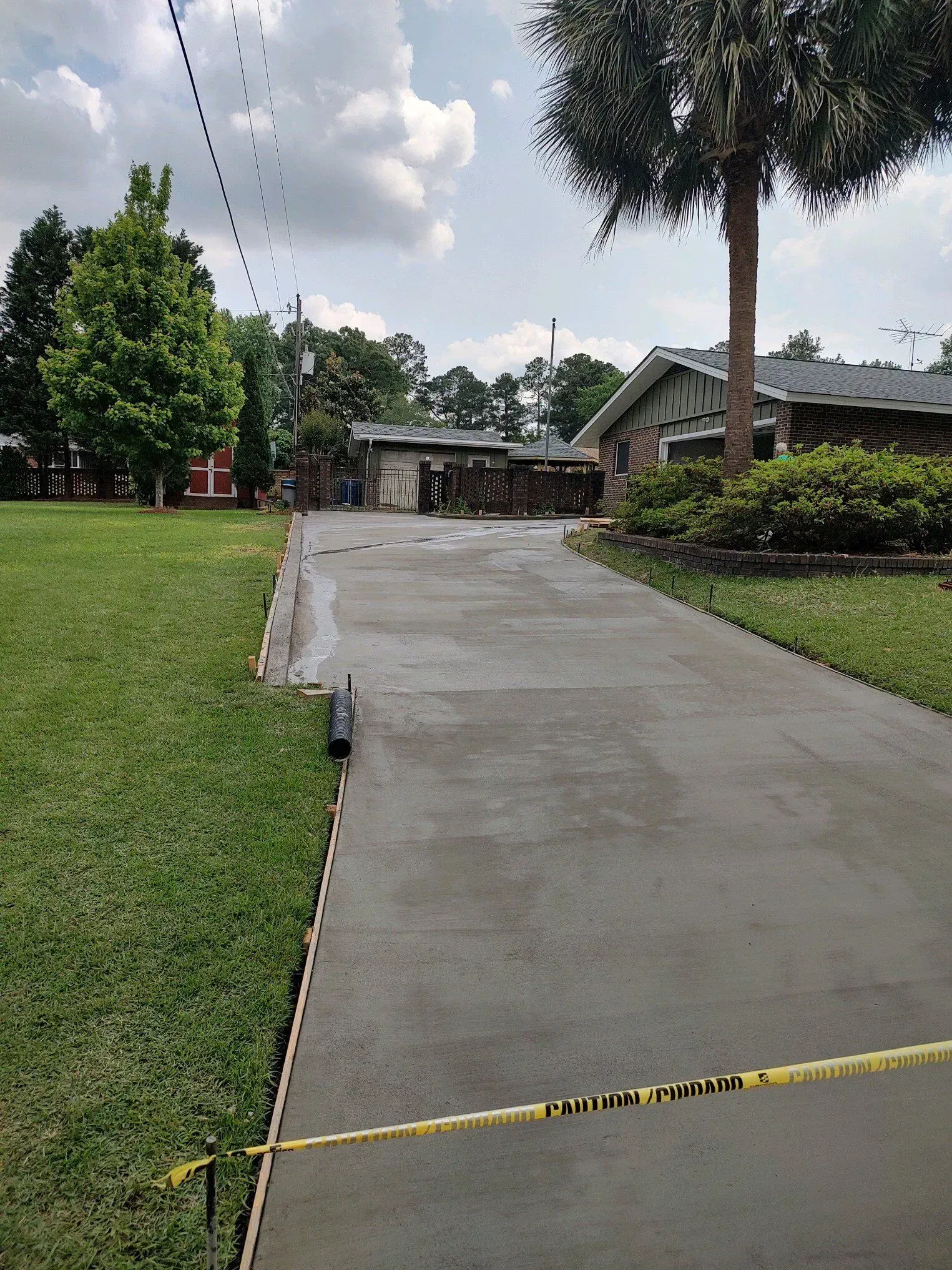 Wet concrete walkway leading to a building entrance, bordered by grass and a palm tree under cloudy skies
