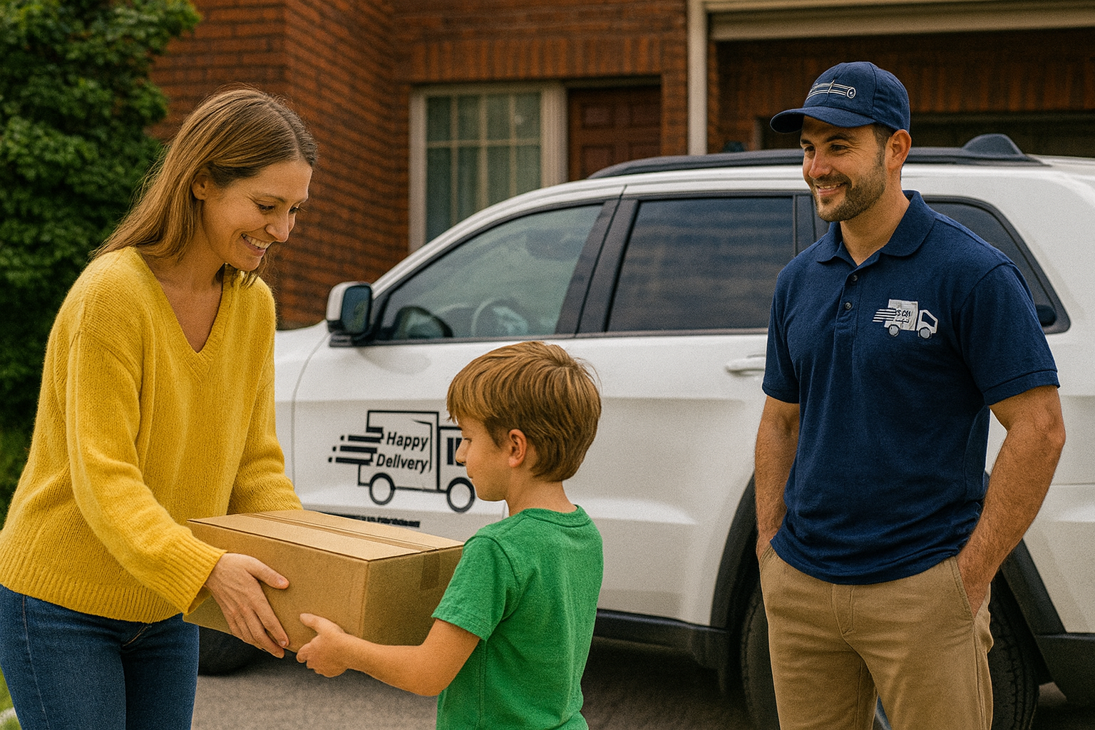 Happy Delivery driver in a navy logo shirt standing next to a white Jeep Grand Cherokee while a youn
