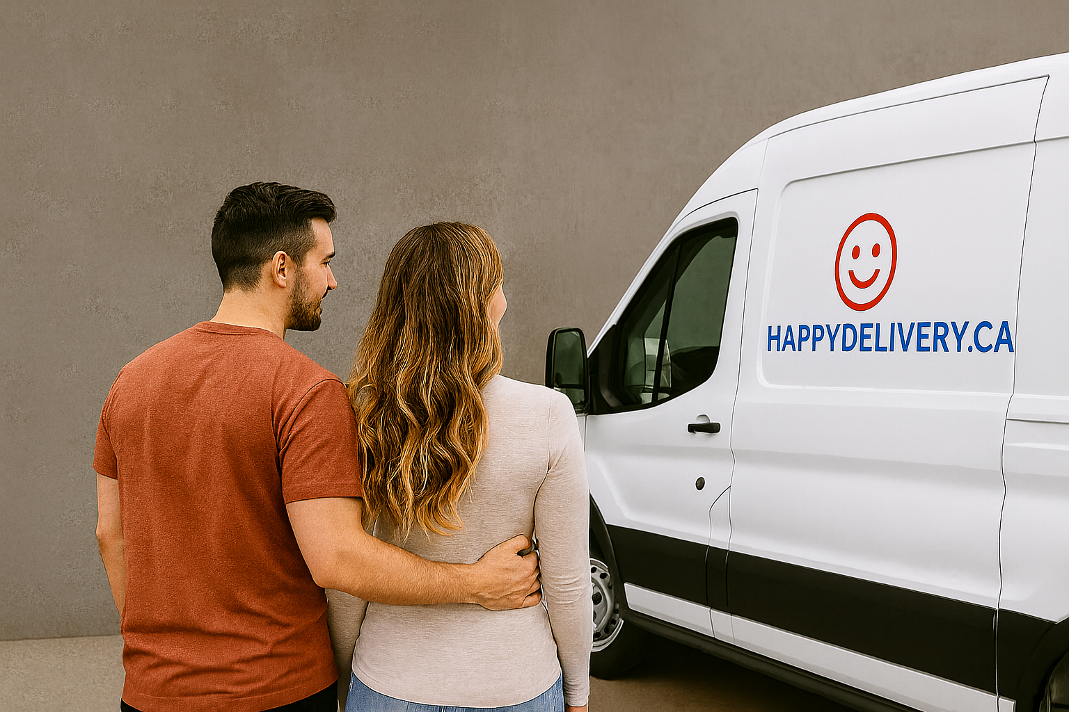 Couple with arms around each other, looking at a HappyDelivery.ca van. Text: 