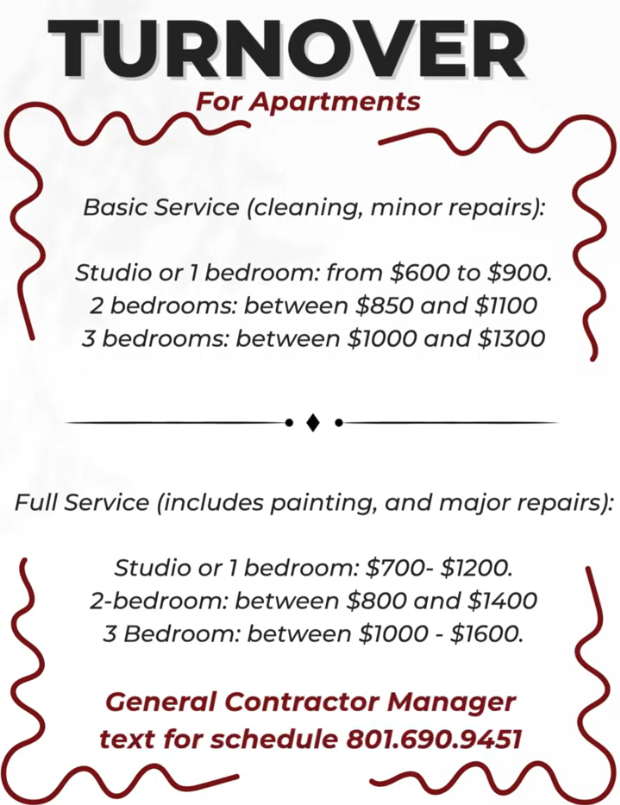Flyer for apartment turnover services. Lists pricing for basic and full service based on the number of bedrooms. Contact information included.
