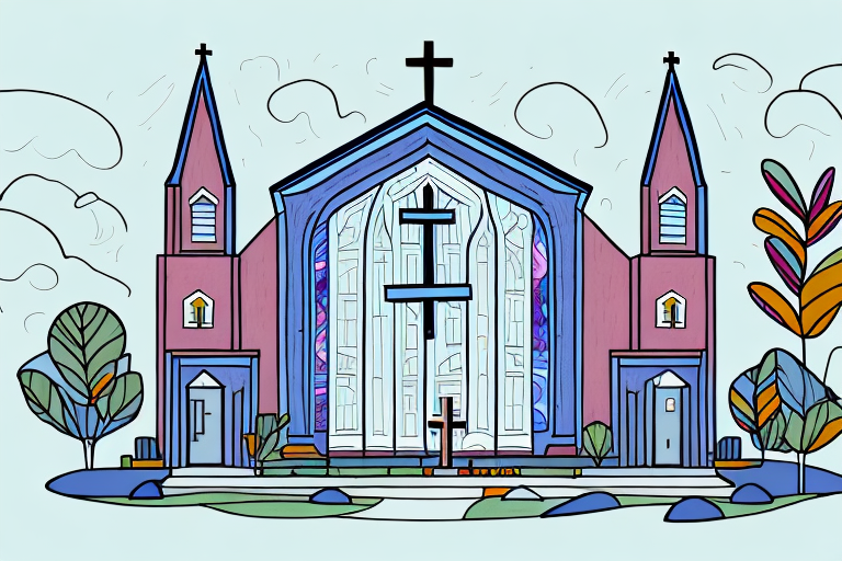 a cartoon drawing of a church with a cross on top of it.