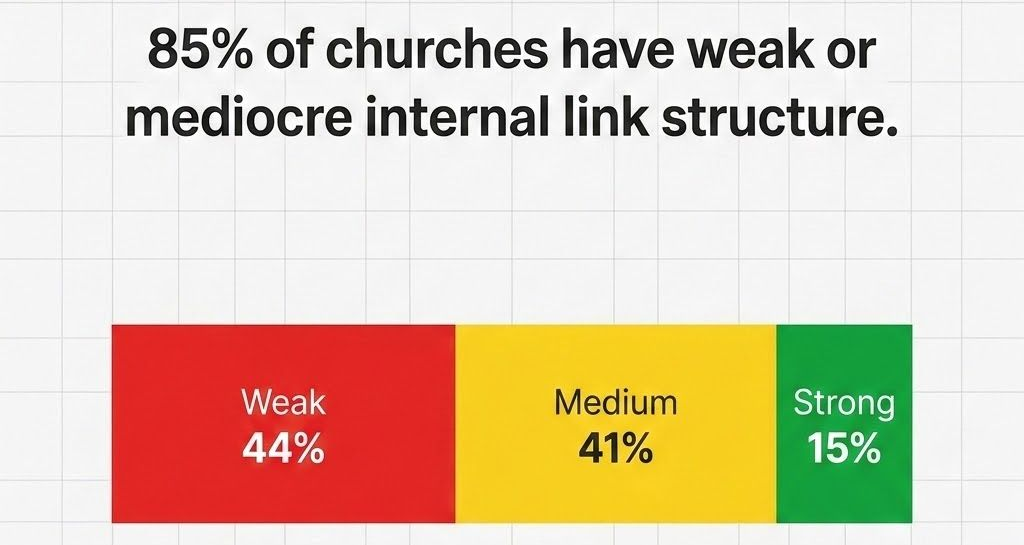 Bar chart: 85% of churches have weak or mediocre internal links; red weak 44%, yellow medium 41%, green strong 15%