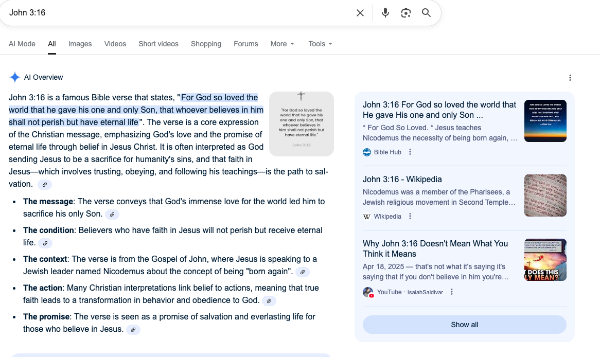 John 3:16 and what Google's AI Overview summarizes it as.