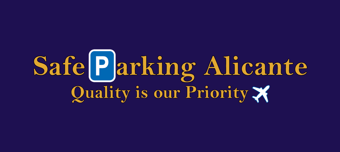 Safe Parking Alicante logo with a parking sign icon, text, and an airplane symbol on a navy blue background.