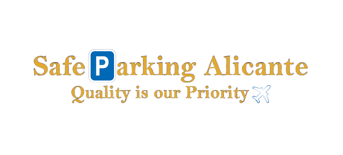 Logotipo de Safe Parking Alicante con el símbolo de un parking, un icono de un avión y la frase 