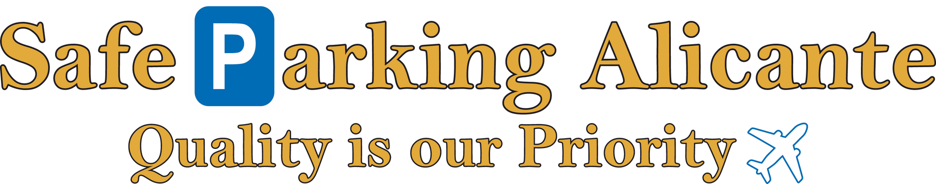 Safe Parking Alicante logo with a parking sign icon, text, and an airplane symbol on a navy blue background.