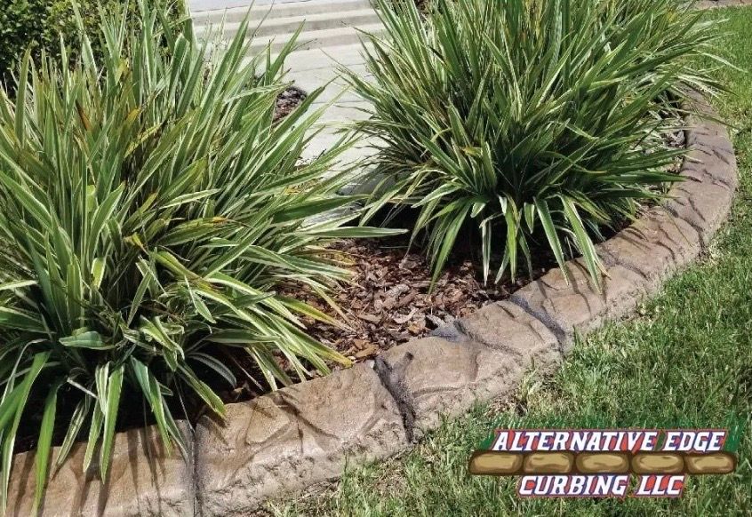 Decorative stone-like concrete curbing surrounds a garden bed with green and yellow ornamental grass.