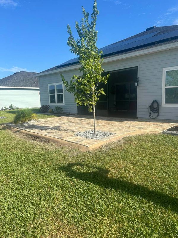 Backyard patio with a tree, pavers, and gray house with blue sky overhead.
