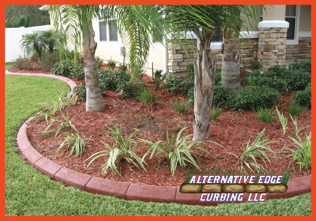 Red concrete curbing surrounds a landscaped area with mulch, plants, and palm trees in front of a house.