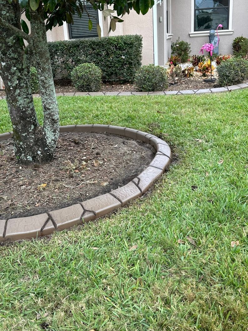 Brown stone-like edging around a tree in a grassy lawn. Green bushes and a house in the background.