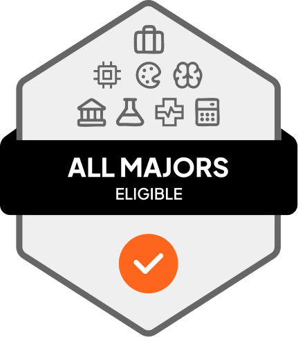 Badge with blue banner: 