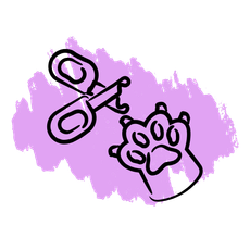 A pair of scissors and a paw print on a purple background.
