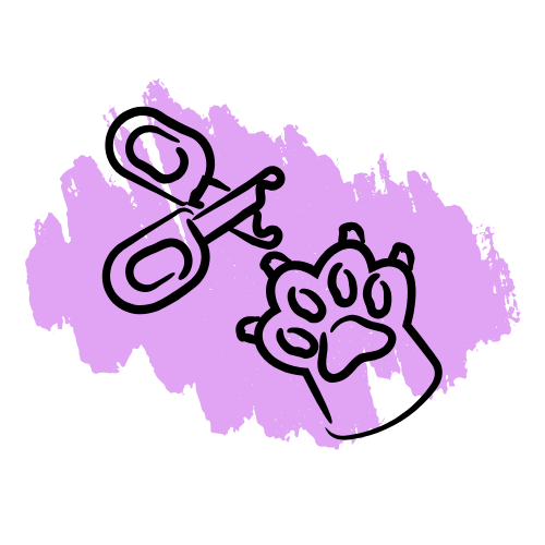 A pair of scissors and a paw print on a purple background.