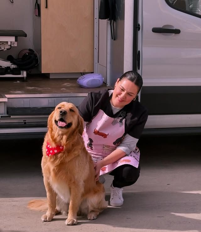 A woman kneeling next to a dog wearing a bow tie