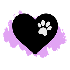A black heart with a white paw print inside of it on a purple background.