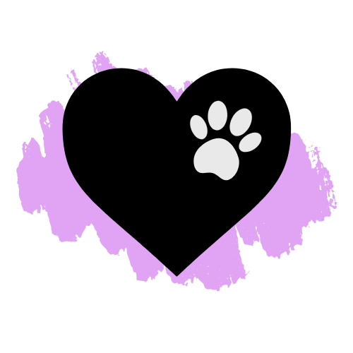 A black heart with a white paw print inside of it on a purple background.