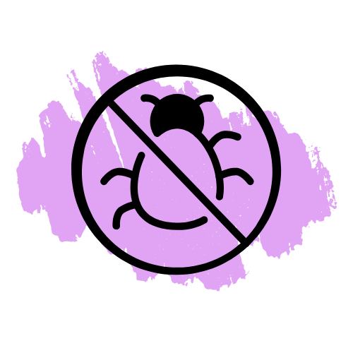 A black icon of a bug in a circle with a cross through it.