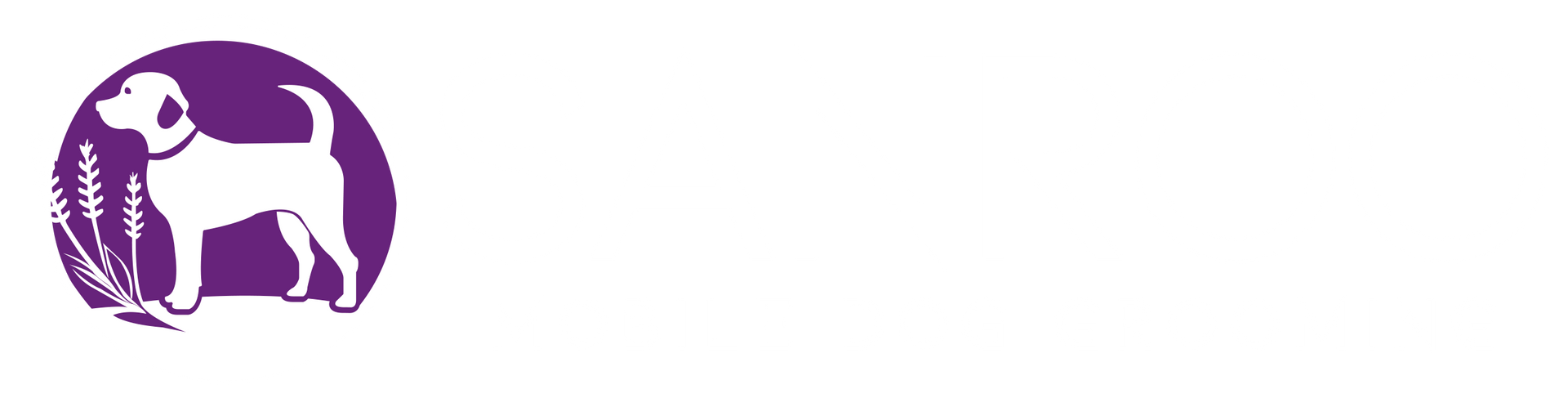 A white dog is standing in a purple circle on a white background.