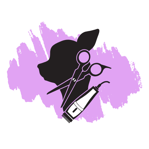 A silhouette of a dog with scissors and a clipper.