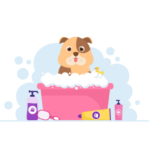 A dog is taking a bath in a pink tub.