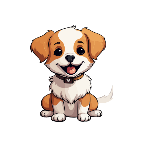 A brown and white puppy is sitting down and smiling.