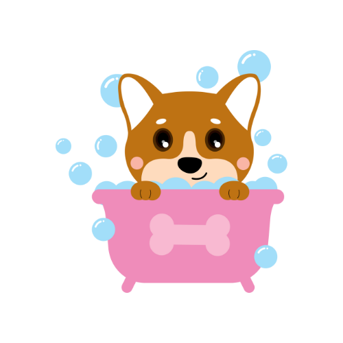 A dog is taking a bath in a pink bathtub with bubbles.