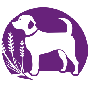 A white dog is standing next to a plant in a purple circle.