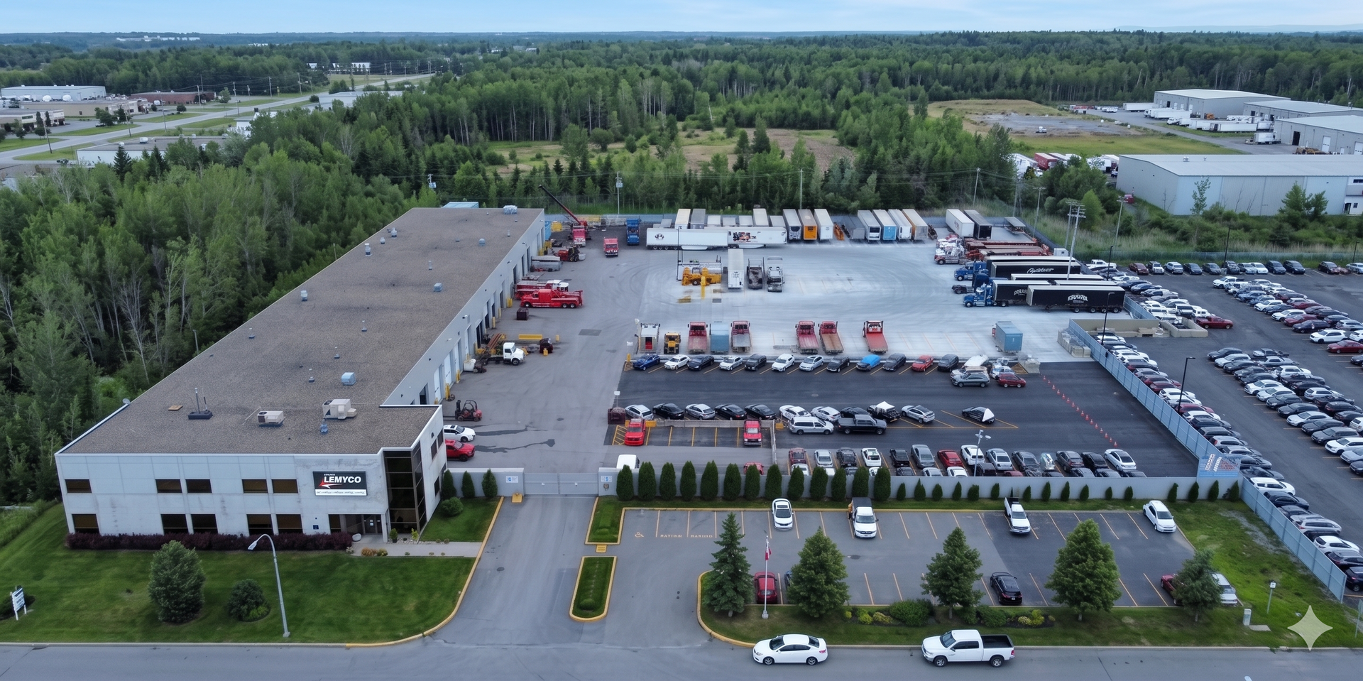 Vue aérienne d'un grand immeuble de bureaux et d'un parking avec de nombreuses voitures, entouré d'arbres et de routes.