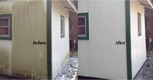 before and after photo of a white shed that is now clean