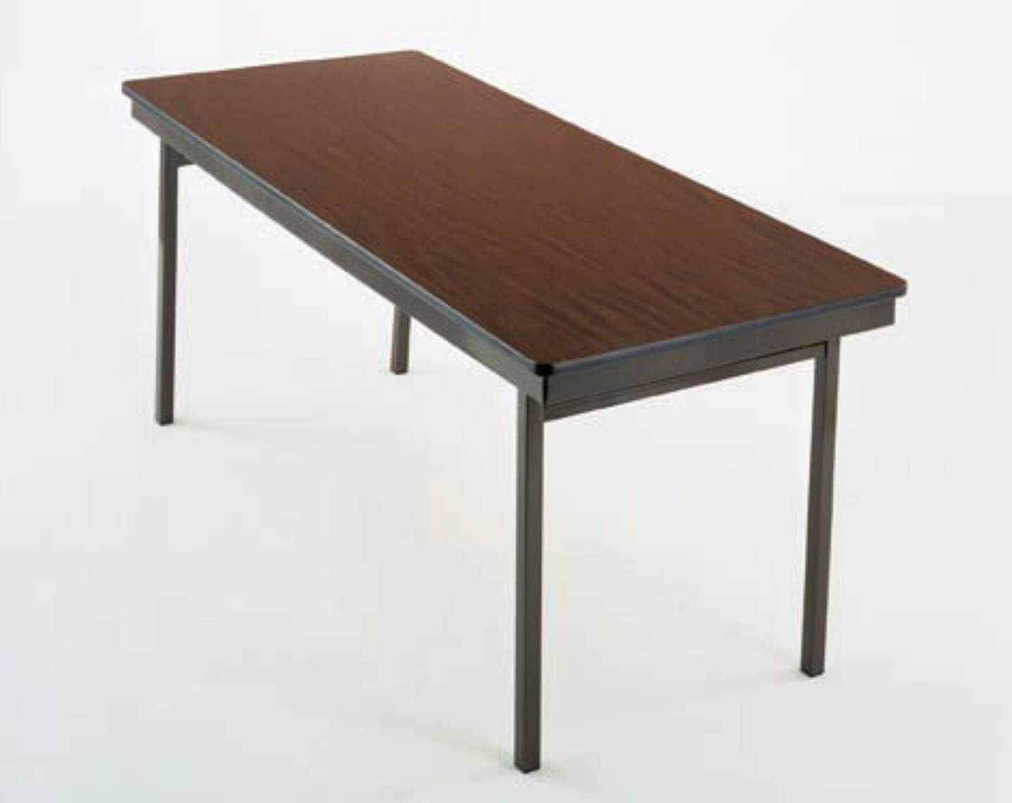 A wooden table with metal legs is sitting on a white surface.