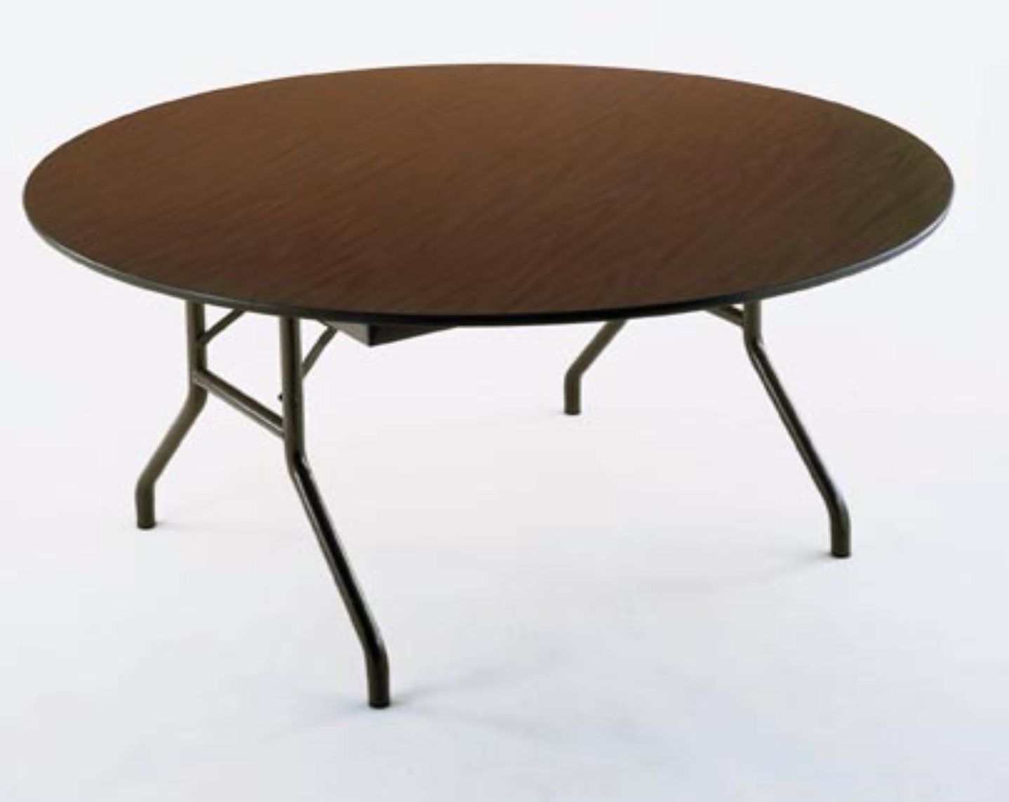 A round table with a wooden top and metal legs