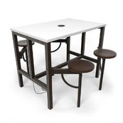 A table with four stools attached to it on a white background.