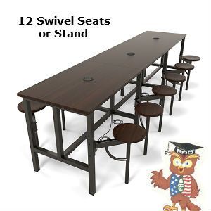 A long wooden table with 12 swivel seats or stand.