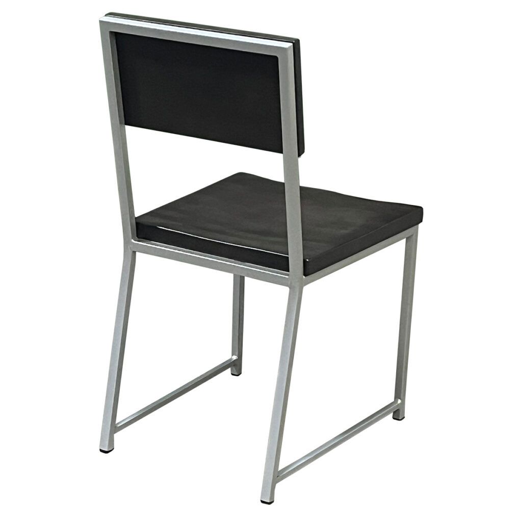 The back of a black chair with a silver frame