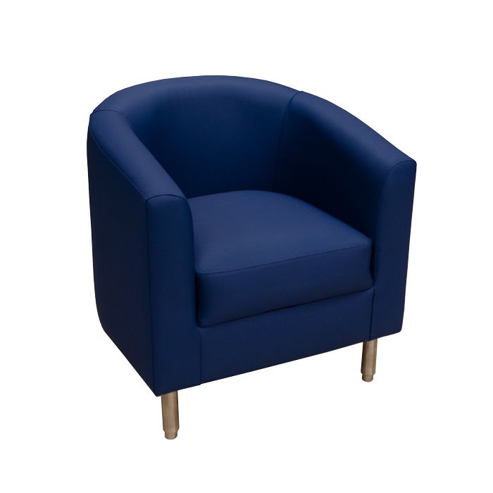 A blue chair with wooden legs on a white background