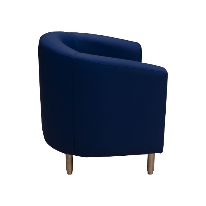 A blue chair with wooden legs on a white background