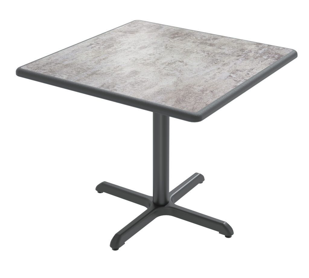 A square table with a black base on a white background