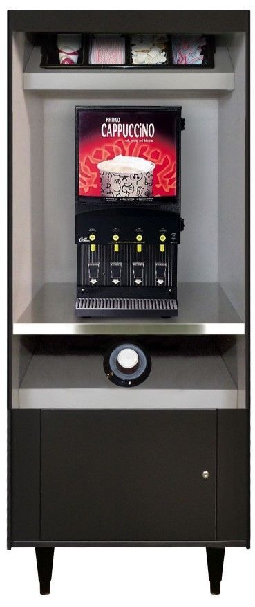 A coffee machine is sitting on top of a shelf in a cabinet.